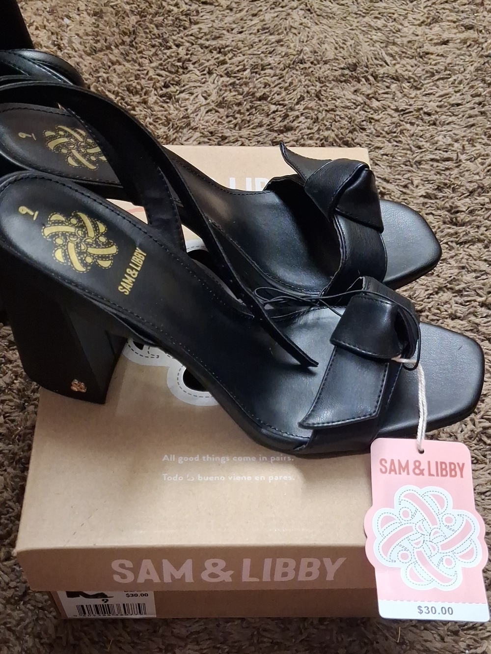 Sam & Libby Jordan Black Bow Slingback Block Heels Size 9